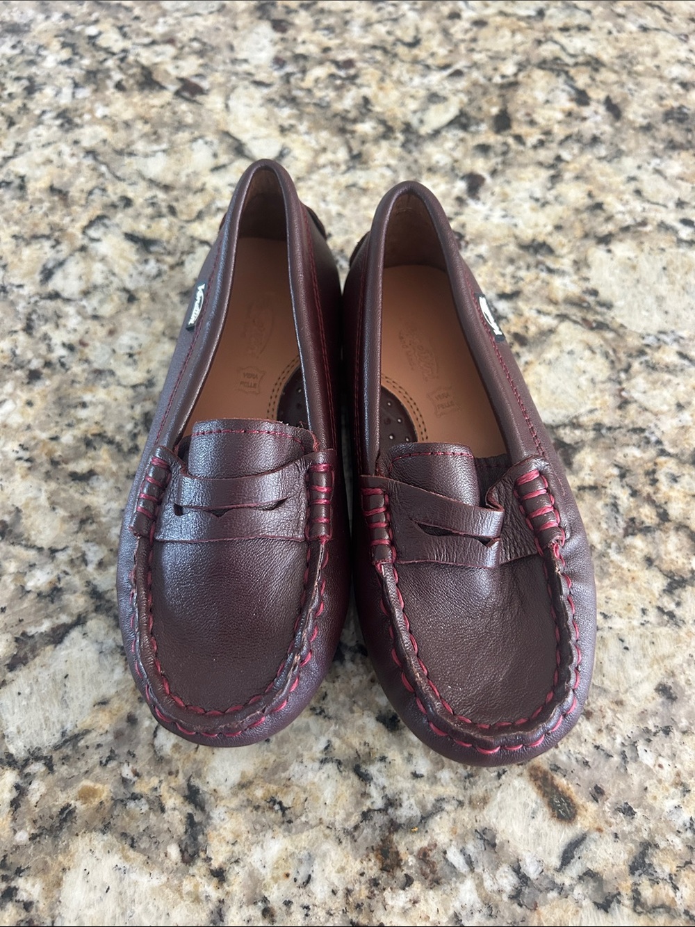 Venettini Burgundy Leather Penny Loafers with Red Stitching